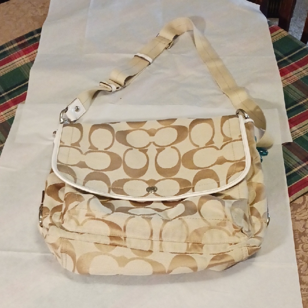 Coach Beige and White Signature Crossbody Bag